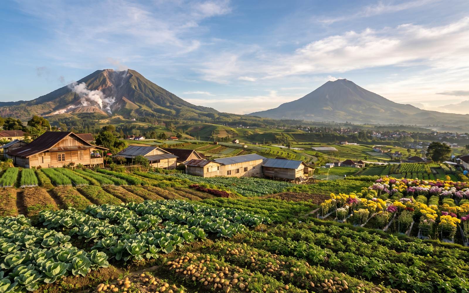 Ladang dan perkebunan di dataran tinggi Berastagi dengan gunung di belakangnya
