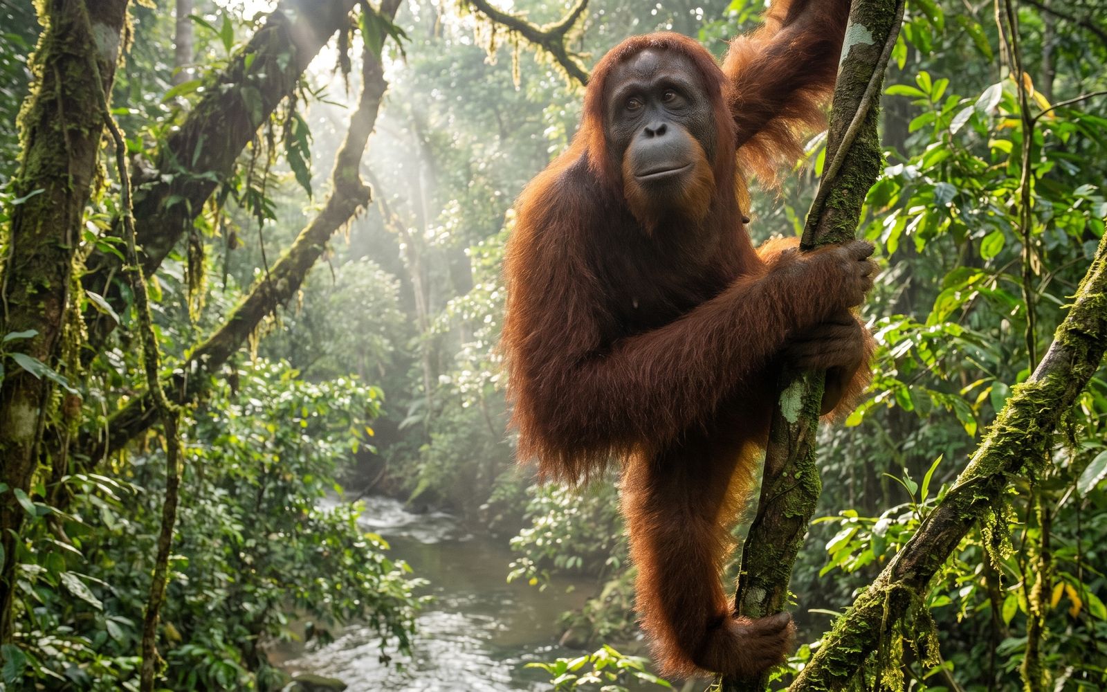 Orangutan Sumatera bergelantungan di pohon hutan Leuser