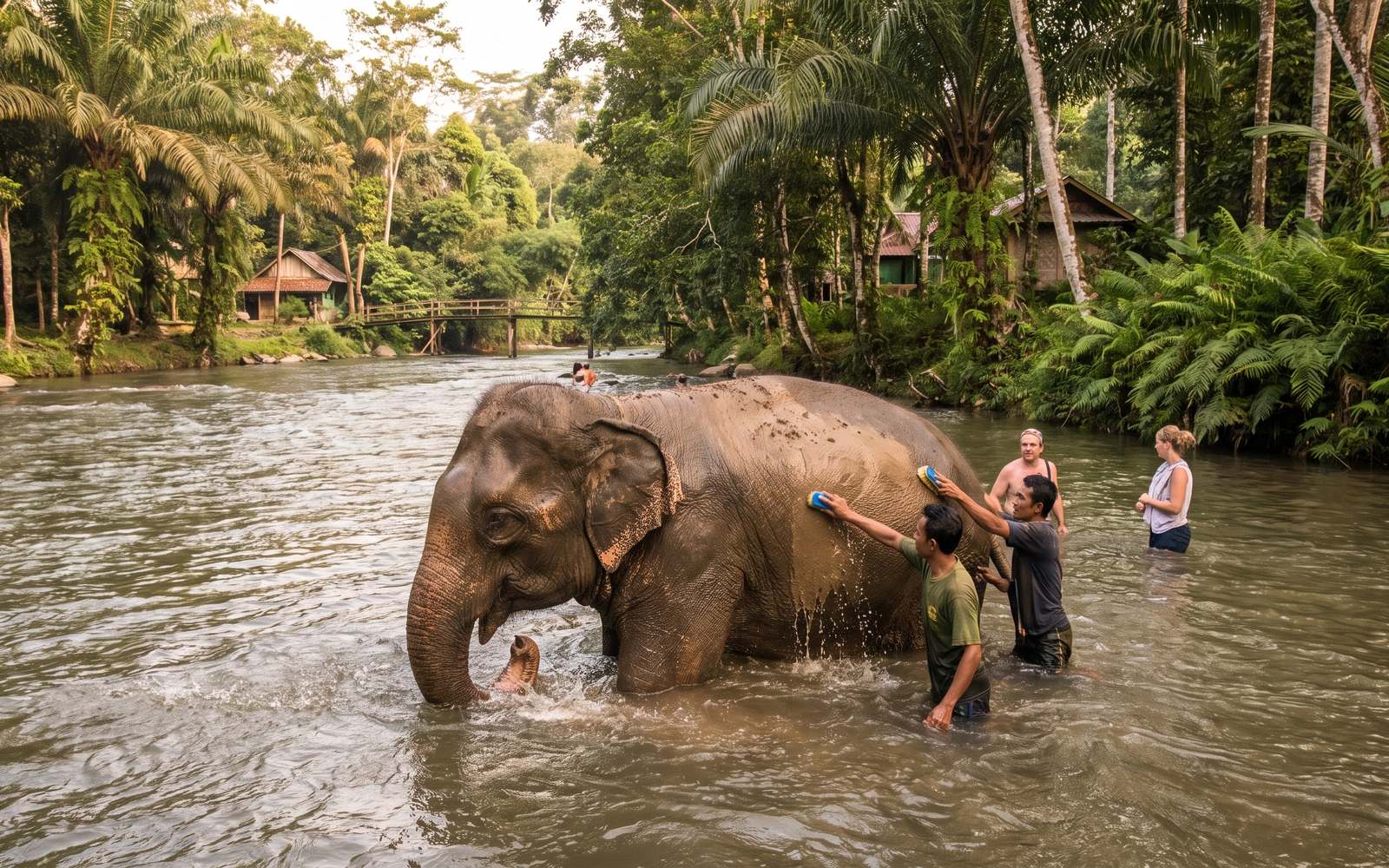 Gajah Sumatera dimandikan di sungai jernih di Tangkahan
