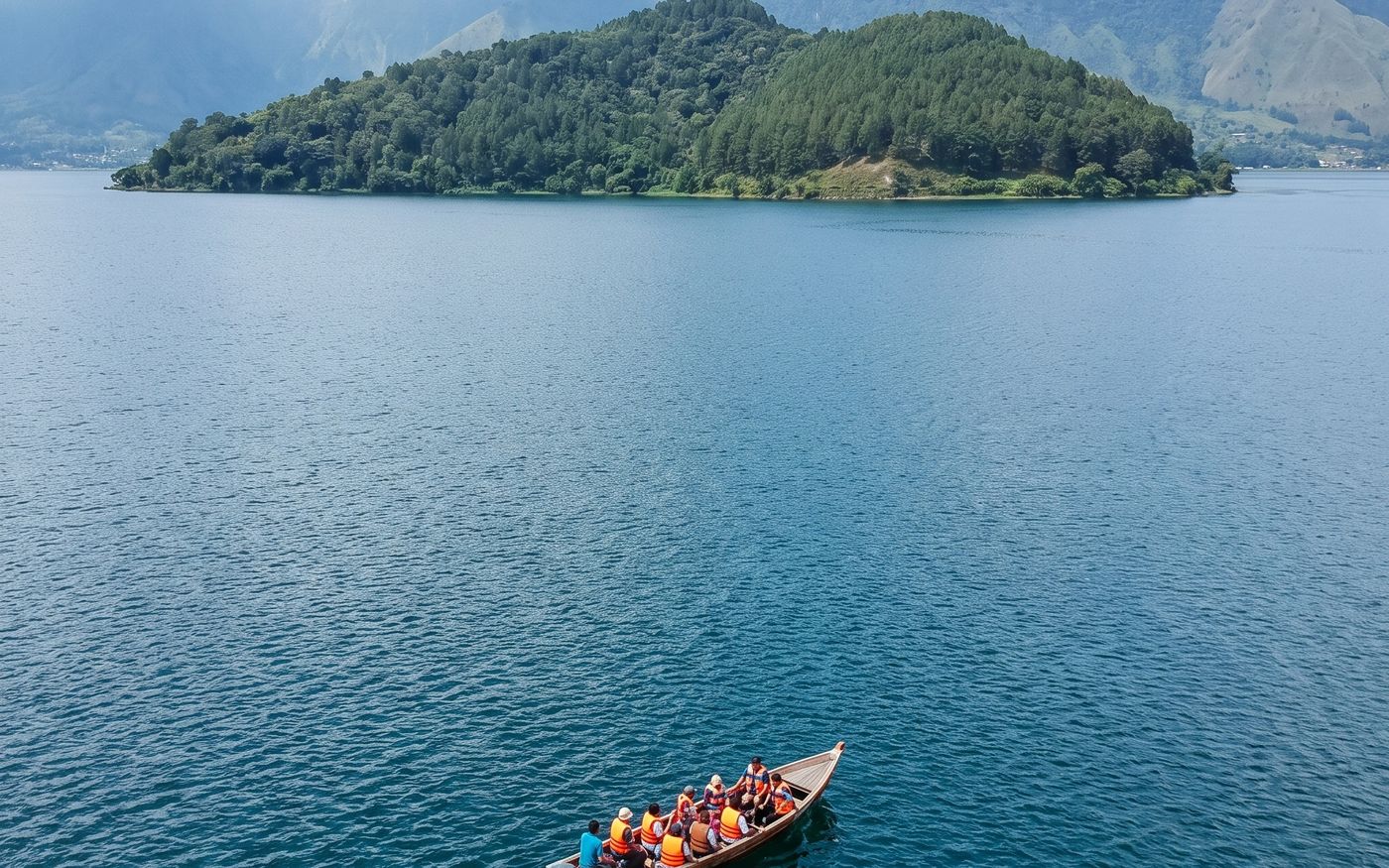Perahu di atas Danau Toba dengan pulau dan perbukitan di kejauhan