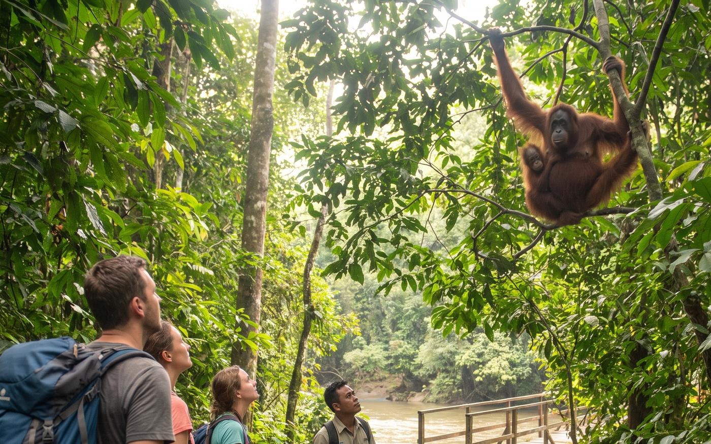Peserta berjalan di jalur hutan Bukit Lawang menuju kawasan orangutan