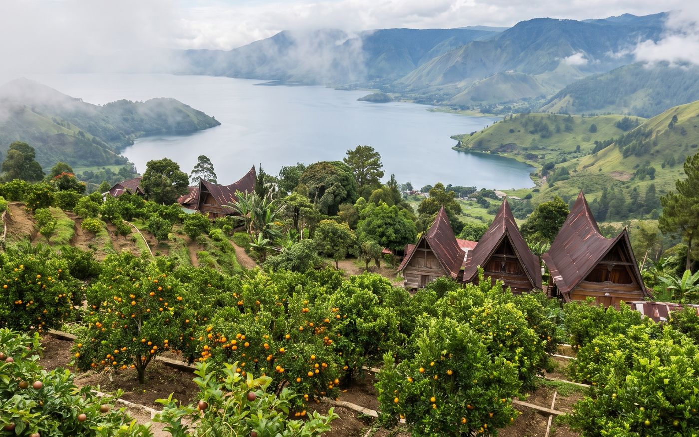 Pemandangan danau dan perbukitan hijau dari ketinggian