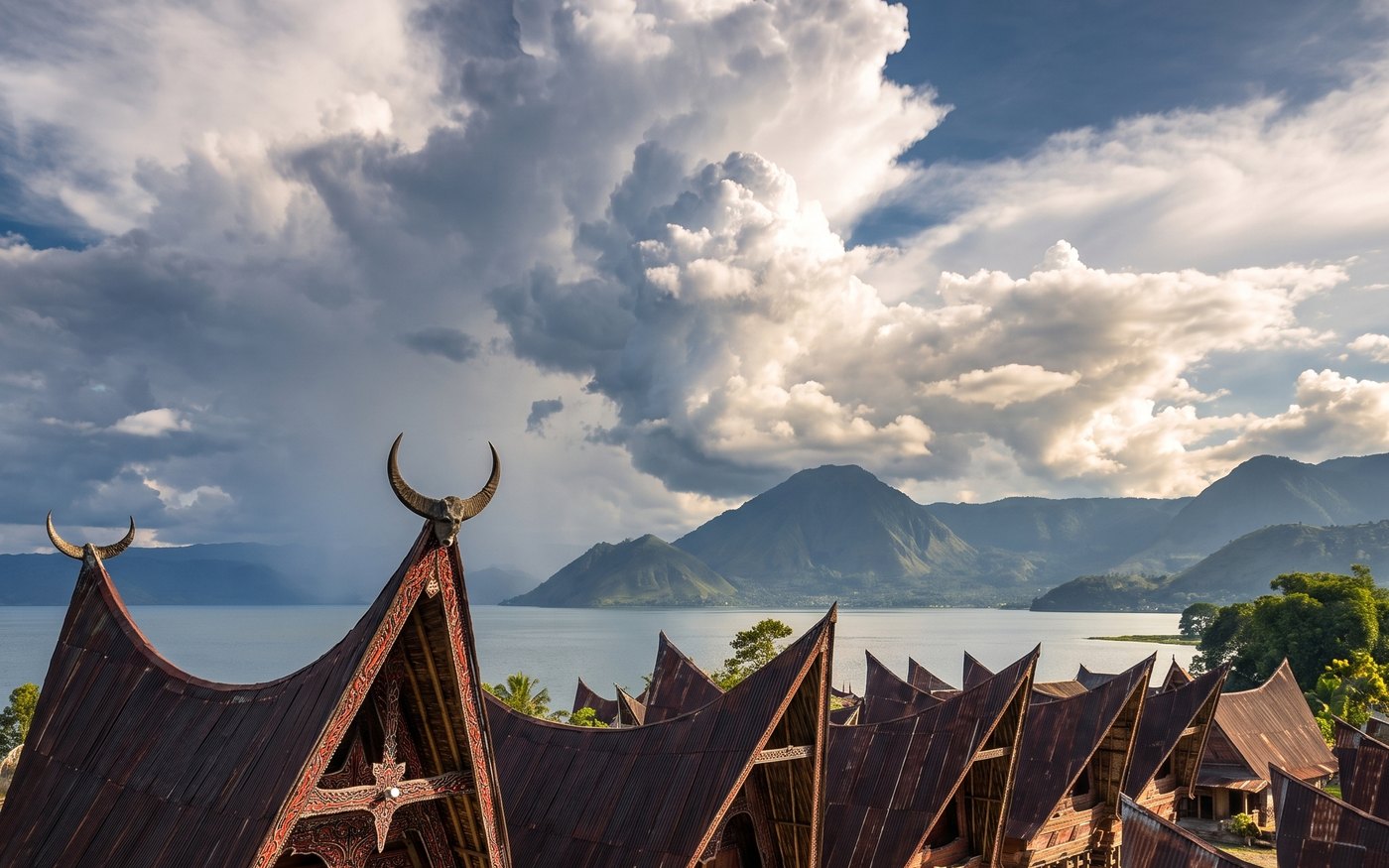 Rumah adat Batak beratap melengkung di Pulau Samosir